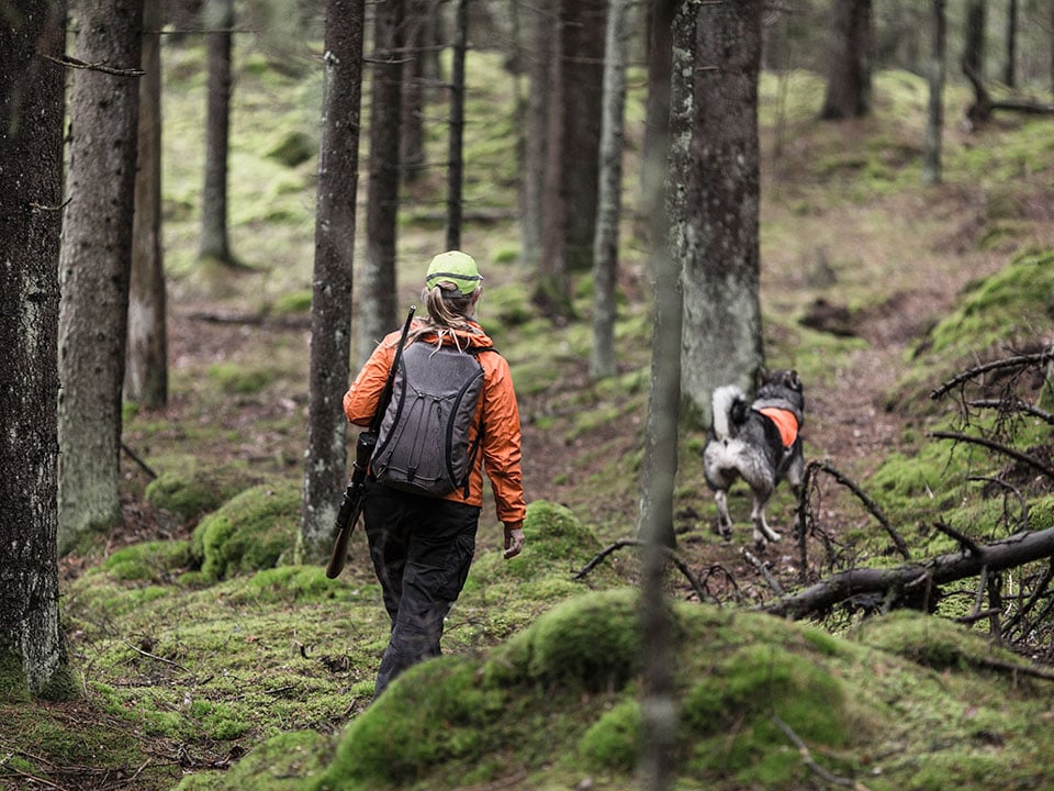 Jägare med hund i skogen.