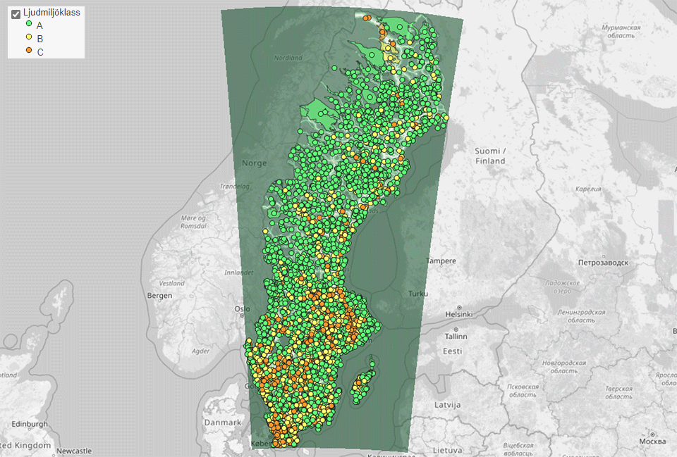 Karta över ljudmiljöklass i Sveriges naturreservat