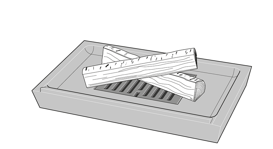 Illustration: När flammorna är borta och det har bildats en glödbädd är det dags att fylla på med 2–3 vedträn