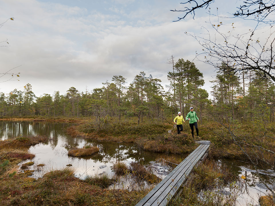 Två personer på löptur i våtmark