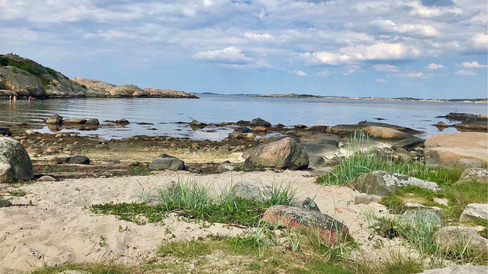 Havsvik med sanddyner och badande människor i bakgrunden.