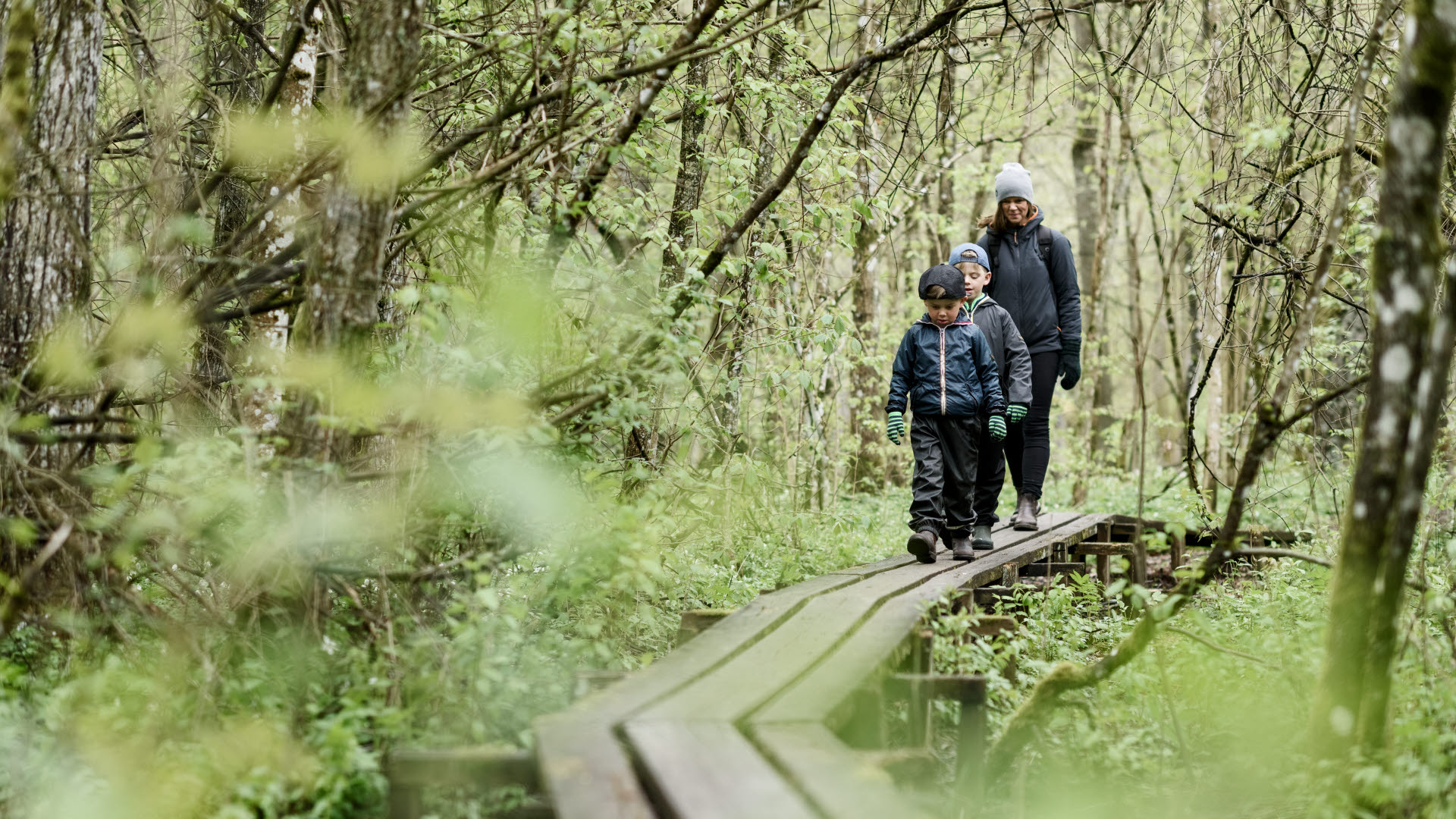 Mamma med barn i vårskog, Säveåns naturreservat, Lerum